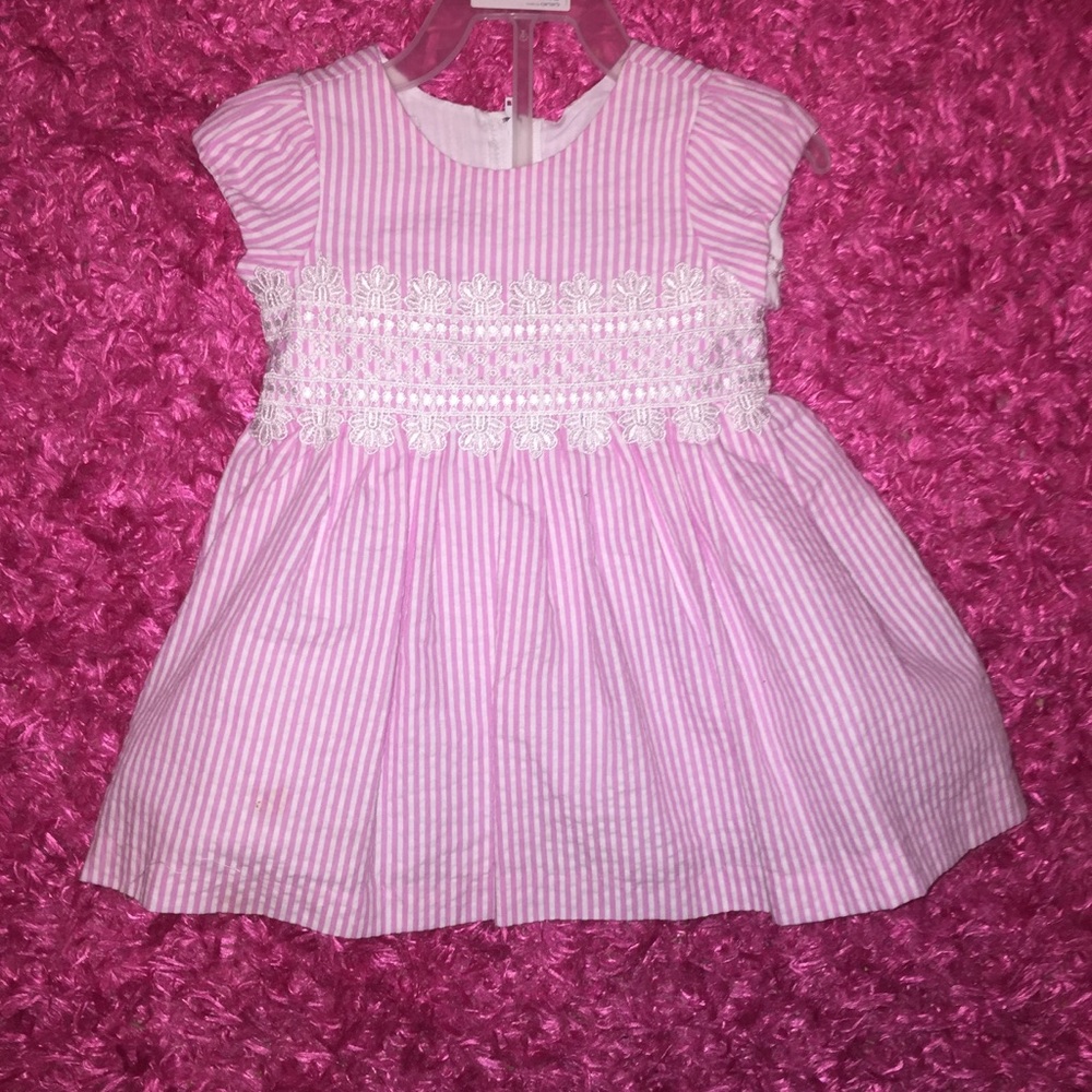 Pink striped seersucker baby girl dress with lace